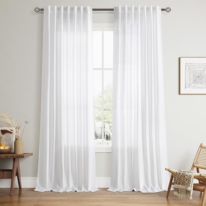 Nanspring Linen Curtains 102 Inches Long for Living Room 2 Panels Set Farmhouse Boho Privacy Light Filtering Semi Sheer Curtains for Bedroom Linen Back Tab Hook Belt Long White W50 x L102