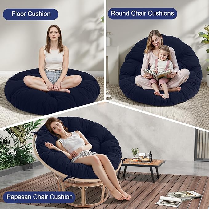 idee-home Papasan Chair Cushion, Circle Papasan Chair Cushion(Cushion Only) | Papasan Cushion with Thick Corduroy Cover, 52 x 52 Inch Cushion for Egg Chair, Navy