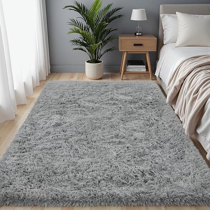 4x6 Area Rug for Living Room, Ultra Soft Fluffy Shag Rugs for Bedroom, Non-Slip Large Fuzzy Plush Rug Indoor Floor Carpet for Nursery Kids Office Dorm Modern Decor, Light Gray