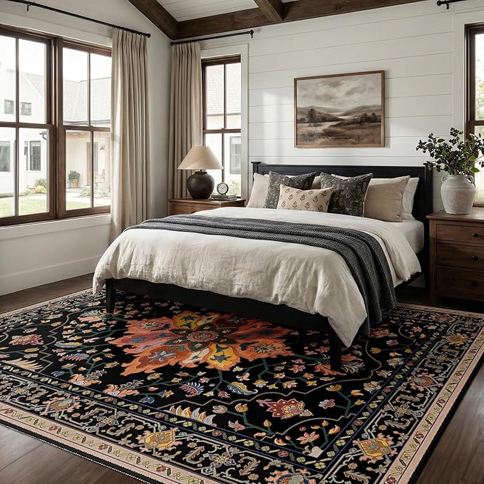 RELEANY Area Rugs 7'x9' Washable Non-Slip, Floral Vintage Distress Print Pattern Medallion Carpet for Living Room Bedroom Dining Room, Black Colorful Floral Dark Tan