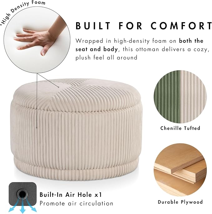 Furniture of America Lennox Modern Chenille 29-inch Round Storage Ottoman with Flip Top, Upholstered Footstool, Circle Coffee Table for Living Room, Bedroom, Entryway, Beige Pink