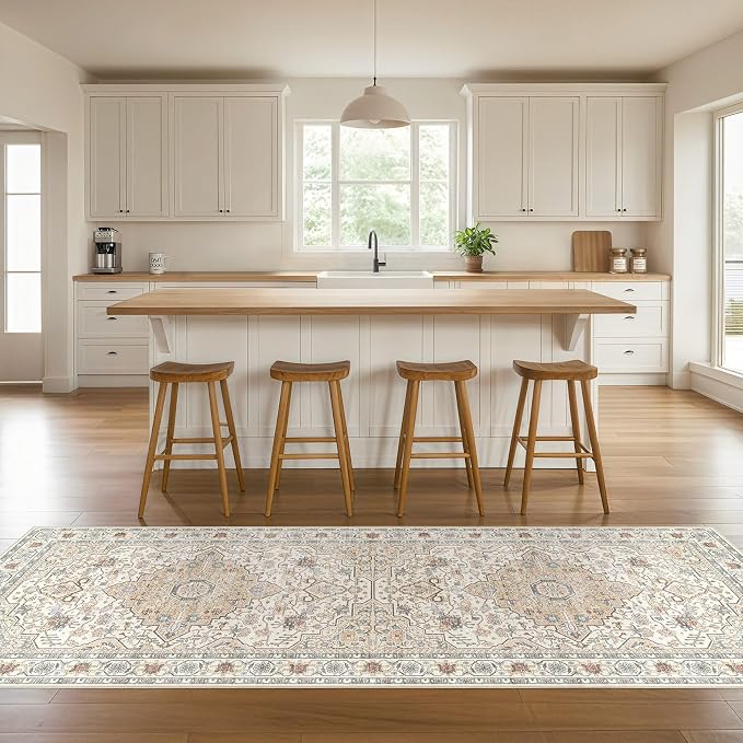 Runner Rug Kitchen Washable Rugs: 3x10 Non-Slip Boho Soft Vintage Stain Resistant Indoor Floor Neutral Farmhouse Throw Carpet for Hallway Bathroom Laundry Room Entryway Bedroom- Cream