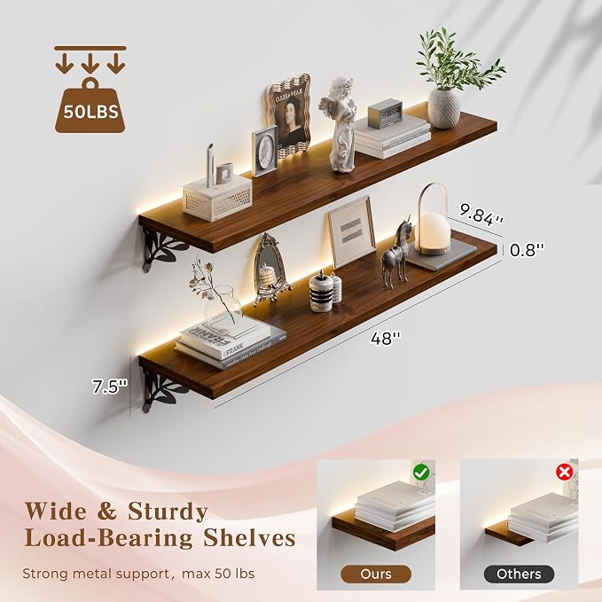 48 Inch 2 Tier Solid Wood Floating Shelves with LED Light, Metal Brackets | 48 inch solid pine shelves, 2 tier, warm LED light, walnut finish, metal brackets for books and decor