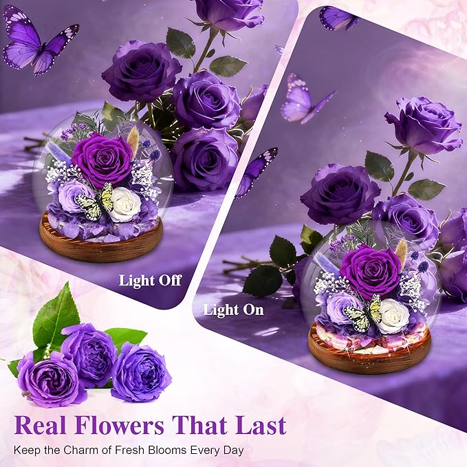 Purple Rose Gifts for Mom Birthday Gifts for Women | Forever Rose Mothers Day Gift for Grandma Mom Sister Daughter Wife Birthday | Fresh Flowers for Delivery Prime Real Flowers in Glass Dome