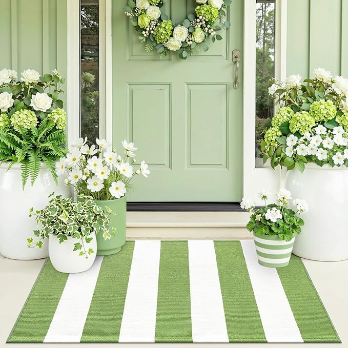 OLANLY Green and White Striped Rug 2' x 3' (24" x 36") – Washable Cotton Indoor Outdoor Doormat for Front Door, Entryway, Kitchen, Porch, Patio Decor