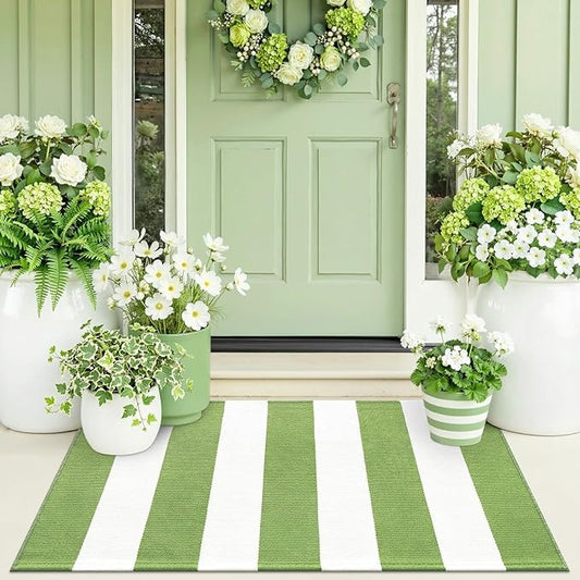 OLANLY Green and White Striped Rug 2' x 3' (24" x 36") – Washable Cotton Indoor Outdoor Doormat for Front Door, Entryway, Kitchen, Porch, Patio Decor