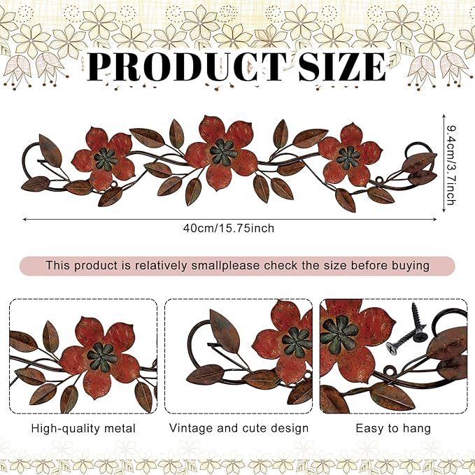 Wesiti Metal Flower Wall Decor Vintage Spring Metal Flower Wrought Iron Scroll Sculpture 15.7''x3.7'' Farmhouse Leaf Wall Decor with Nails for Spring Living Room Bedroom Indoor Outdoor(Red)