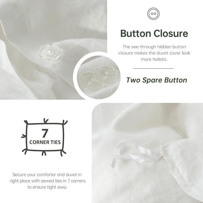 Simple&Opulence 100% Linen Duvet Cover Set, 3 PCS Natural French Flax White Duvet Cover Queen Size, Breathable Soft Comfy Linen Bedding Comforter Cover with 2 Pillowcases(White, 88"x92")