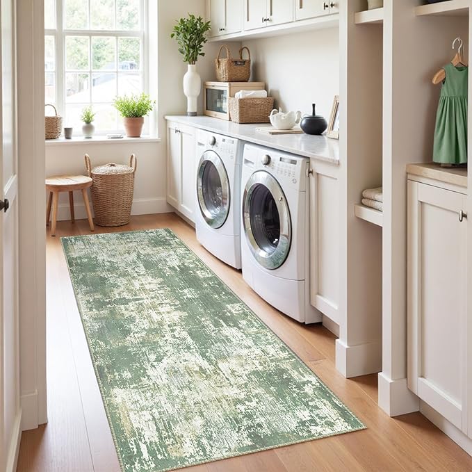 RELEANY Washable Area Rugs 2'x8' Non-Slip Modern Abstract Soft for Living Room Entryway Bedroom Nursery, Print Pattern, Light Green/Yellow