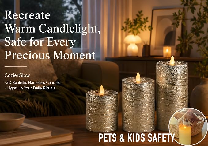 Shiny Metallic Silver Flameless Pillar Candles, Patented 3D Realistic Moving Flickering Flame with Remote Timer, Battery Operated 400hrs for Wedding, Holiday, Party, Decor, Gift(Set of 3)