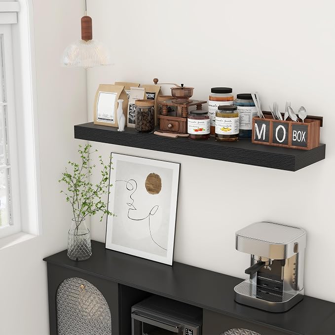 FLYJOE 48'' x 12'' x 2'' Black Floating Shelf Set of 1, 48 Inches Long Black Wood Shelves for Wall, 12 Inch Deep Rustic Shelves, Engineered Wood, Hardware Included, 50 Lbs Load Bearing Capacity