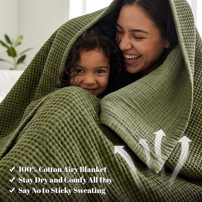 PHF 100% Cotton Waffle & Muslin Blanket Queen Size, Soft Breathable Luxury 400GSM Versatile Reversible Bedding for Bed, Great for Layering in Cold Weather, Home Decor Gift, 90" x 90", Olive Green