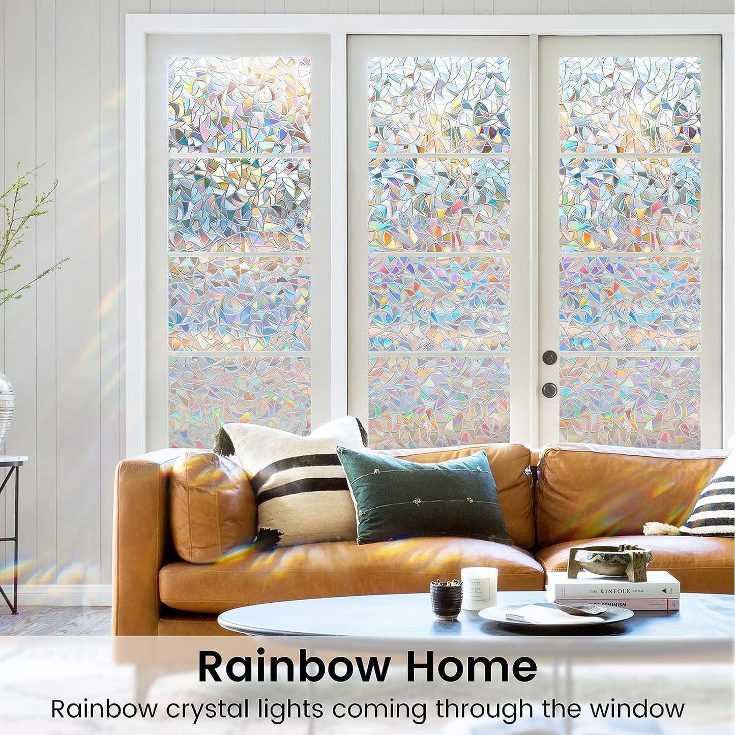 DOWELL Window Privacy Film, Rainbow Window Film, Decorative Stained Glass Clings, Static Cling Door Sticker, Non-Adhesive 3D Decals for Home UV Protection, 11.8 x 78.7 inches