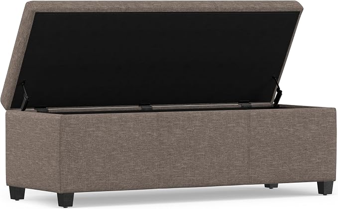 SIMPLIHOME Avalon Storage Ottoman Bench - 48" Wide x 16" High Upholstered Linen Look Fabric Rectangular Lift-Top Ottoman in Fawn Brown, Contemporary Bench for Living Room with High-Density Foam