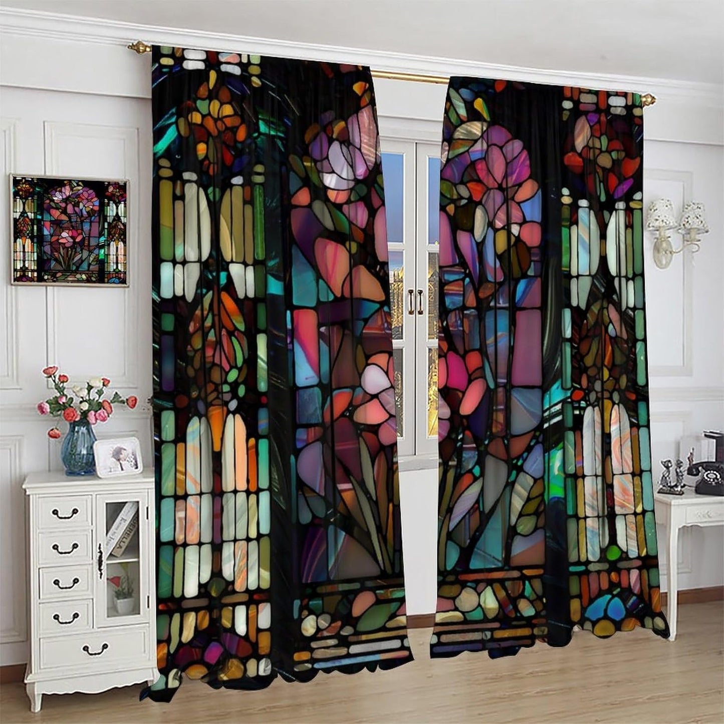 Stained Glass Curtains,Vintage Colorful Abstract Art Home Decor Drapes for Bedroom Living Room Kitchen Window Treatment 2 Panels Set Total Size 42" W X 63" L Inch