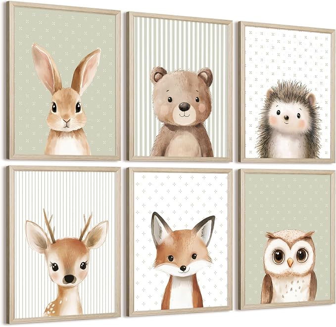 Woodland Animal Nursery Wall Art Decor Baby Kids Canvas Poster Safari Animal Wall Decor Jungle Forest Prints Bear Fox Deer Pictures Sage Green Painting Neutral Artwork for Bedroom 8x10x6 Inch Framed