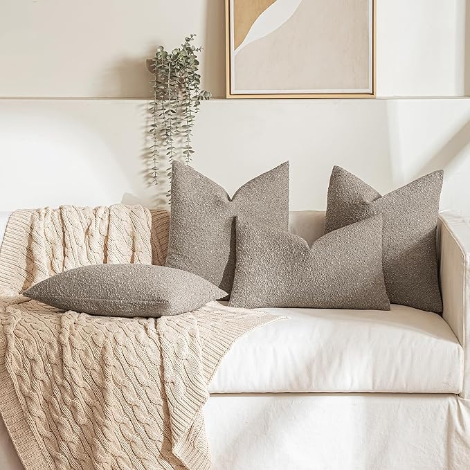 MIULEE 18x18 Inch Decorative Pillow Covers for Couch Bed Set of 2 Textured Boucle Neutral Throw Pillow Covers Light Taupe Accent Solid Pillowcases Sofa Living Room Home Decor