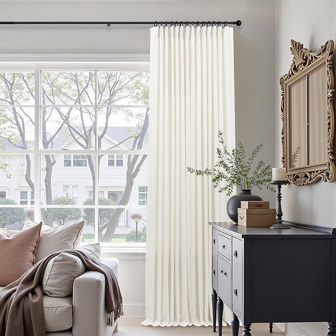 Pinch Pleated Linen Curtains 72 Inch Length 2 Panel for Living Room Bedroom Cream White Ivory Semi Sheer Short Pleat Drape with Hooks Rings Farmhouse Decor Light Filtering Dining Room Curtain Back Tab