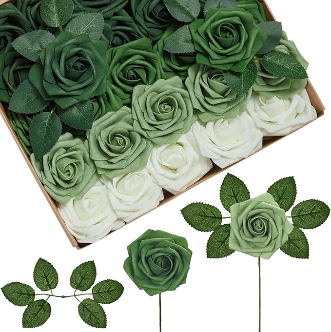 InnoGear Artificial Flowers, 50 Pcs Shades of Forest Green Rose Foam Fake Roses Bulk with Stems for Spring St. Patrick's Decoration DIY Wedding Bouquets Centerpieces Bridal Shower Party