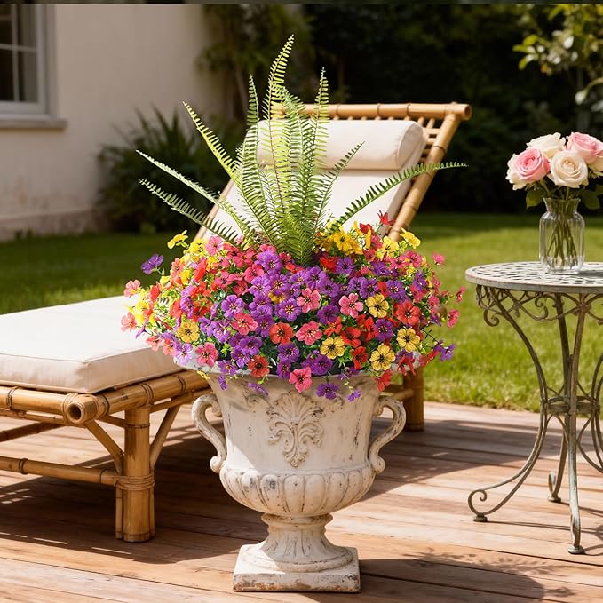 INQCMY Artificial Flowers for Outdoor 12 Pcs Faux Silk Daisy and 1 Pcs Fake Long Leaved Grass UV Resistant Tall Ferns for Home Doorway Courtyard Garden Backyard Decorative
