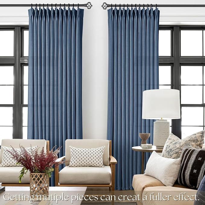 Pinch Pleated Navy Blue Curtains 96 inches Long 2 Panels for Living Room Textured Semi Sheer Pleat Linen Drapes 96 Inch Length with Hooks Navy Sliding Glass Door Light Filtering Curtain 8ft