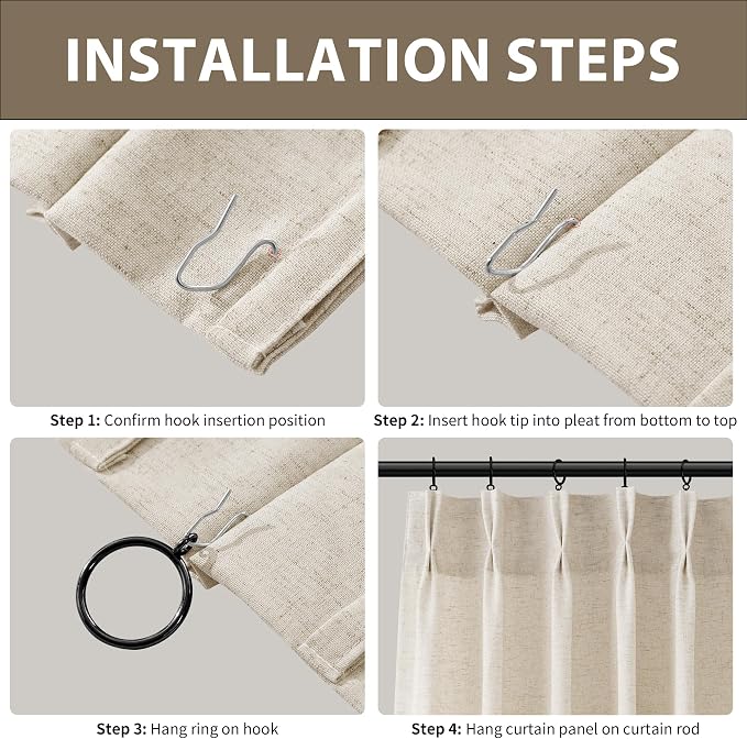Guken Pinch Pleated Linen Curtains 84 Inch Length for Living Room Bedroom Natural Cream Modern Farmhouse Boho Semi Sheer Back Tab Draps with Hooks Rings 84 Inches Long Beige Ivory 2 Panels Set