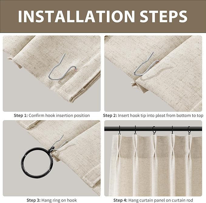 Guken Pinch Pleated Linen Curtains 105 Inches Long for Living Room Bedroom 2 Panels Natural Cream Textured Linen Semi Sheer Boho Farmhouse Back Tab Pinch Pleat Hooks Rings 105 Inch Beige Ivory