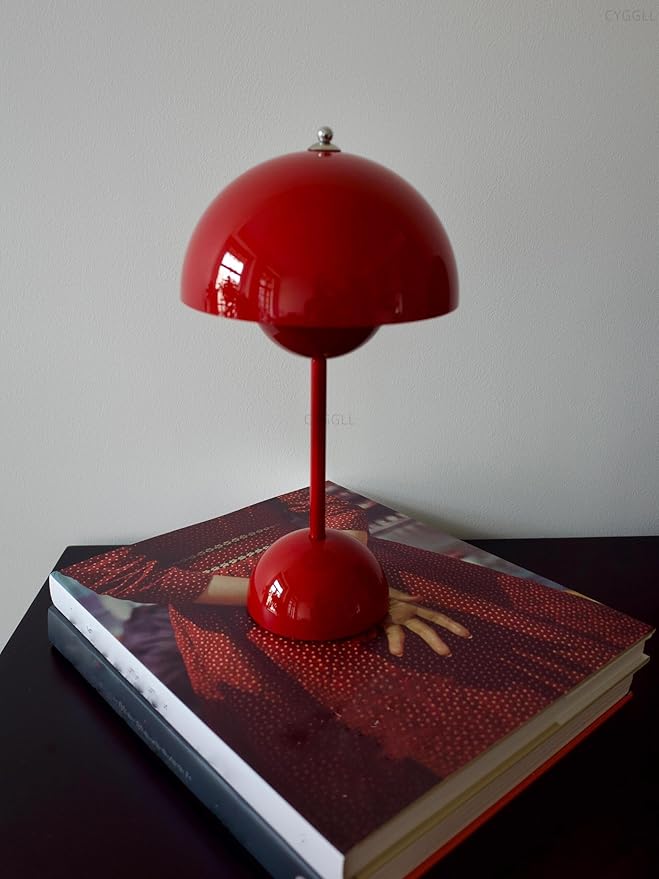 Modern Flower Bud Lamp 12" Cordless Touch Lamp Dimmable 2600mAh Rechargeable Desk Lamp Nordic Minimalist Mushroom Lamp Nightstand Bedside Lamp for Bedroom Living Room(Vermilion Red) No Reading Light