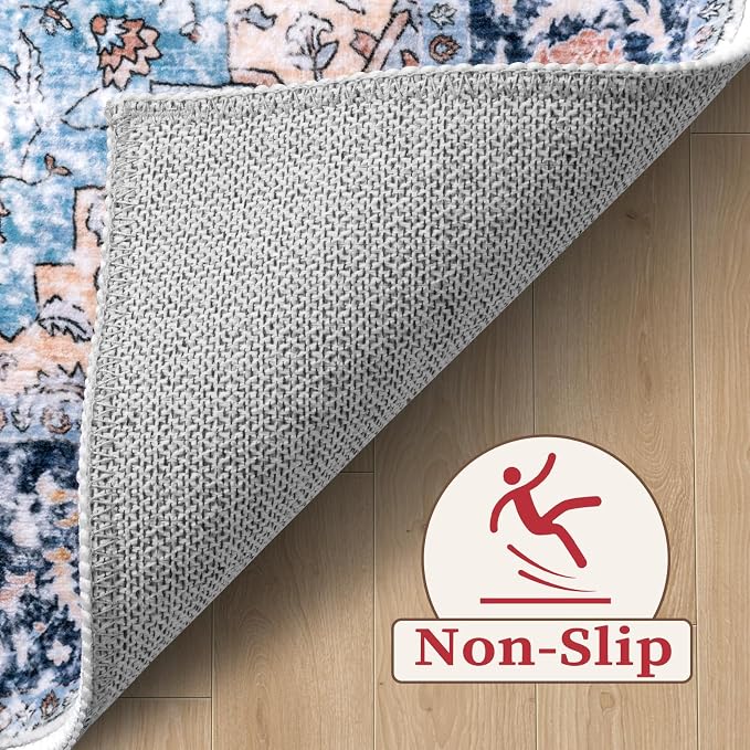 SERISSA 10x14 Area Rugs for Living Room, Large Washable Non-Slip Boho Rug, Ultra Soft Vintage Oriental Blue Orange Print Distressed Carpet for Dining Room Bedroom Office Home Decor