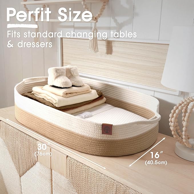 J&JOO Baby Changing Basket includes Diaper Caddy - Soft & Waterproof Dual-Cover, Portable, Changing Pad for Dresser & Changing Table, Gift for Baby Shower, Organic Cotton Rope