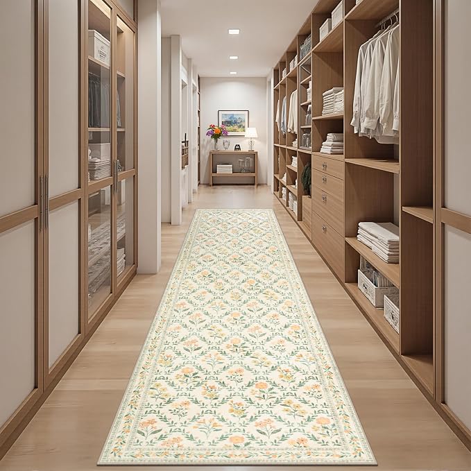 Runner Rug for Entryway: 2.6x10 Kitchen Rugs Non Slip Washable Ultra-Thin Soft Floral Carpet Indoor Floor Stain Resistant Carpets for Hallway Bedroom Kitchen Laundry Bathroom Dorm Beige/Multi