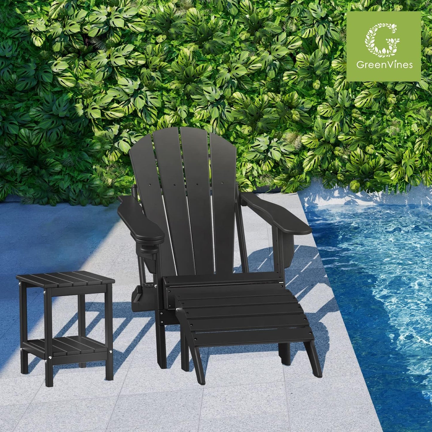GREENVINES Adirondack-Ottoman | Set of 4 | HDPE Plastic | Outdoor Footrest | All Weather | Foot Rest | Foot Stool | Black | for Adirondack Chair | for Patio Backyard Pool
