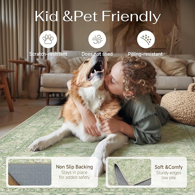 5x7 Green Washable Area Rug for Living Room Bedroom Neutral Floral Soft Non Slip Rug Low Pile Distressed Carpet for Dining Room Nursery Office Indoor