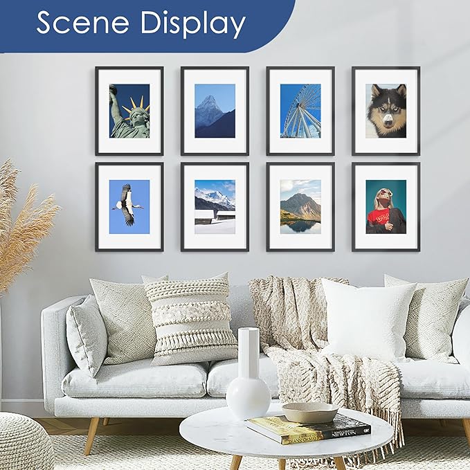 PEALSN 12x16 Picture Frame Set of 6, Display Pictures 8.5 x 11 with Mat or 12 x 16 without Mat for Wall Mounting Display, Photo Frames Collage for Wall Decor, Black.