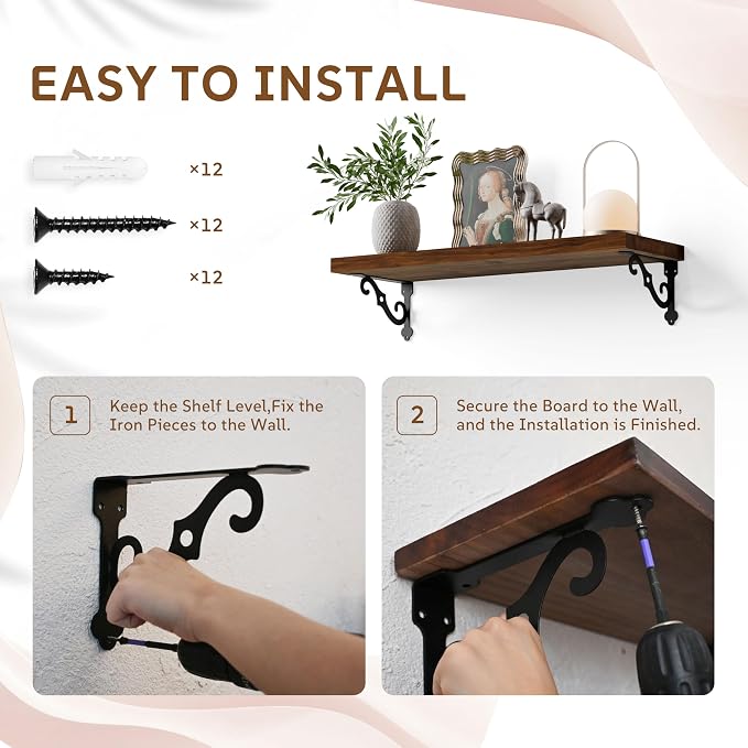 24 Inch 2 Tier Solid Wood Floating Shelves for Wall with Metal Brackets | 24 inch solid pine shelves, 2 tier, walnut finish, metal brackets for books, decor and home storage