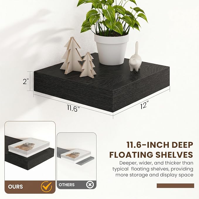 FLYJOE 12 Inch Floating Shelves, Black Square Floating Shelves Set of 2, 12''W x 12''D Wood Shelves for Wall, Deep Shelves for Bathroom Living Room, Engineered Wood, Mounting Hardware Included