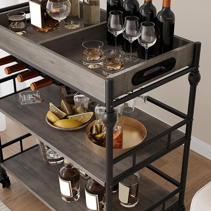 IDEALHOUSE Bar Cart, 3 Tier Bar Carts for Home with Wheels, Metal Rolling Serving Cart with Wine Rack & Glass Holder, Removable Tray and Storage Shelves for Kitchen, Dining Room, Living Room – Grey