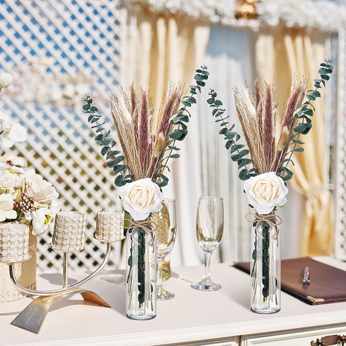 Qinyoung 10 Set Dried Pampas Grass Centerpiece for Wedding Baby Shower Party 10 Glass Flower Jars 10 Artificial Roses 80 Dried Pampas Grass with Rope for Rustic Bridal Farmhouse Decoration(White)