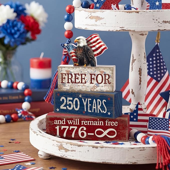 CroBlissful 4 Pcs 250th Anniversary 4th of July Decorations Patriotic Memorial Day Tabletop Decorations America Eagle Red White Blue Table Centerpieces USA Sign for Office Tiered Tray Home Shelf