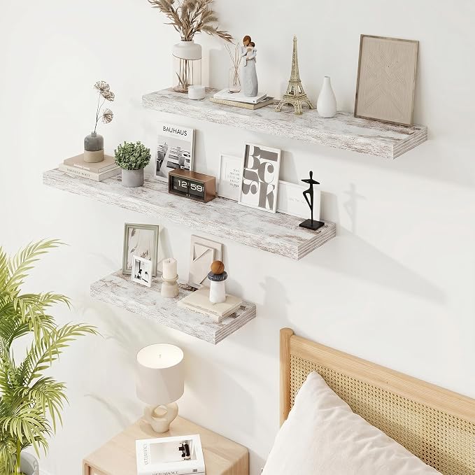 40in Floating Shelves for Wall, 40"W x 9.25"D x 1.25"H, 2 Pack Long Wall Mounted Engineered Wood Shelves with Invisible Brackets for Living Room, Bedroom, Bathroom, Kitchen, Vintage White