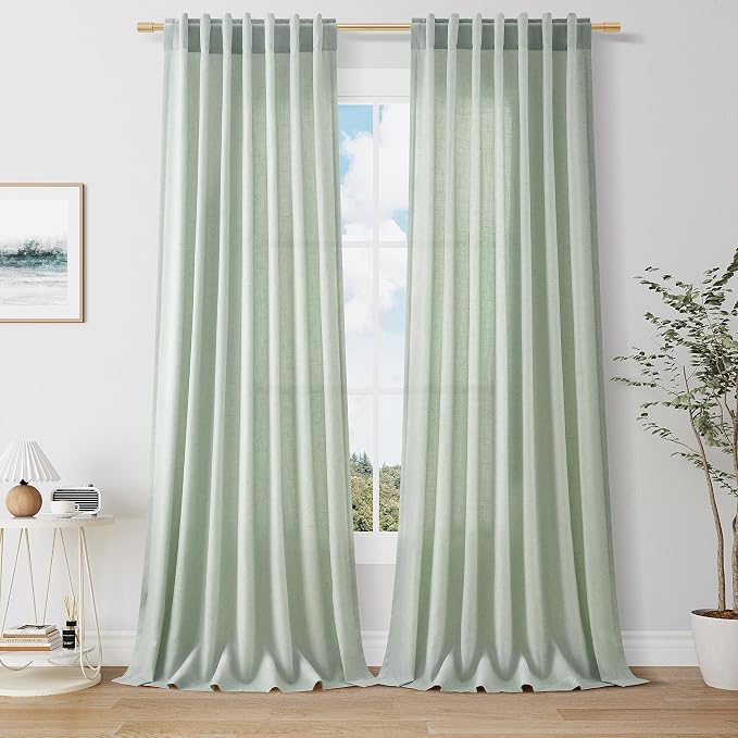 Nanspring Linen Curtains 90 Inches Long 2 Panels for Bedroom Living Room Ivory Light Filtering Windows with Back Tab, Semi Sheer & Privacy Farmhouse Style for Living Room, Aqua Green, W50 x L90
