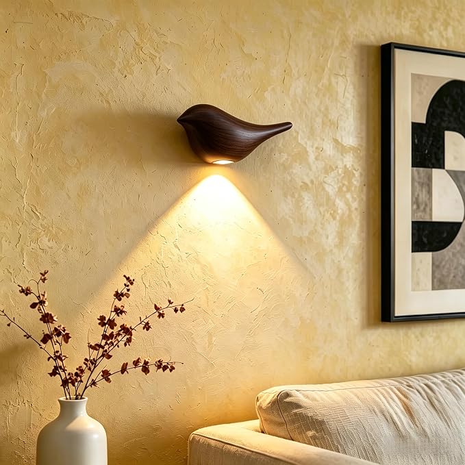 Cute Bird Night Light: Motion Sensor Lights Indoor - Magnetic Mounting & 3 Color Dimmable - One Charge Three Weeks of Worry-Free Use - 4-Pack Set (Deep Wood Grain)