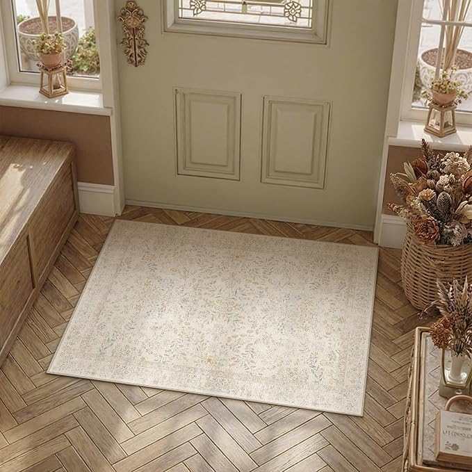 PureCozy 2x3 Beige Area Rug for Entryway Washable Vintage Floral Carpet Low Pile Non Slip Botanical Aesthetic Small Soft Accent Throw Rug Entrance Kitchen Bedroom Nursery Office Indoor