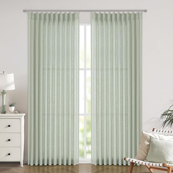 Vision Home Soft Green Pinch Pleated Semi Sheer Curtains Textured Linen Blended Light Filtering Window Curtains 120 inch for Living Room Bedroom Patio Pinch Pleat Drapes with Hooks 10FT 60" Wx120 Lx1