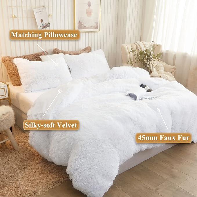 XeGe Plush Shaggy Duvet Cover Set, Luxury Ultra Soft Crystal Velvet Fluffy Bedding Sets 2 Pieces(1 Faux Fur Furry Comforter Cover + 1 Fuzzy Faux Fur Pillowcase), Zipper Closure(Twin, White)