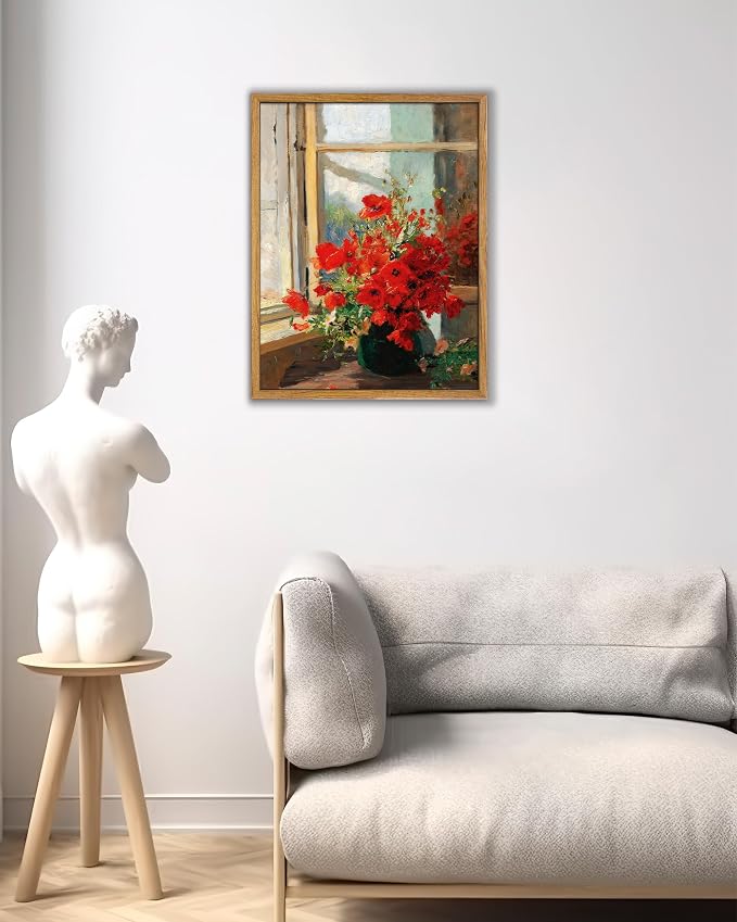 UPWOIGH 12x16 Framed Red Poppies Wall Art | Oil Painting Canvas Print, Vintage Farmhouse Style, Rustic Floral Décor, Living Room Bedroom Accent