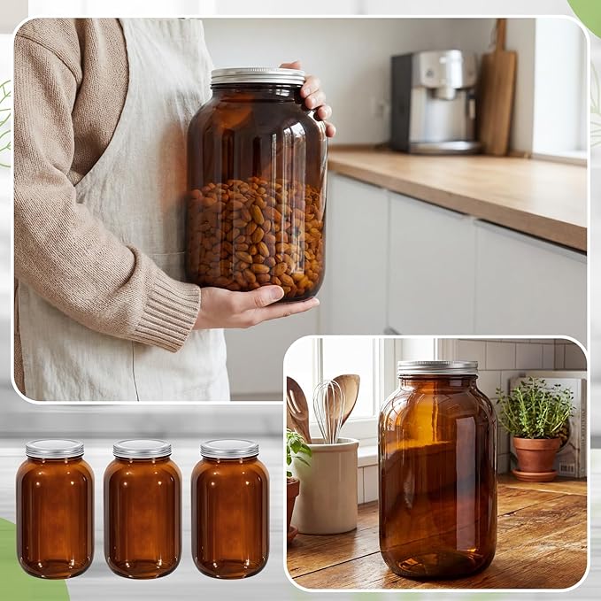 Norme 3 Pcs 1 Gallon Wide Mouth Mason Jars, 128 oz Amber Glass Jars with Lids Large Wide Flour Sugar Storage Containers, Glass Container for Fermented Food, Sourdough Starter, Food Storage