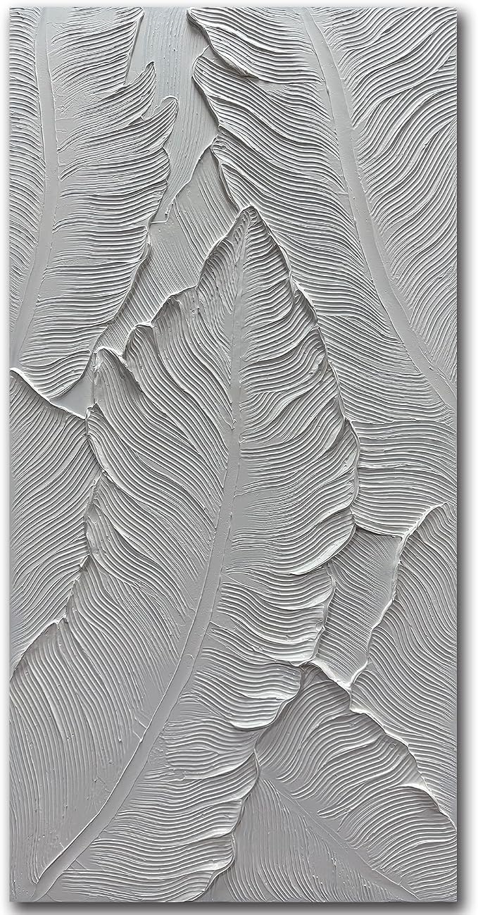 Art8YuQi Paintings - Contemporary Abstract Art leaf Oil Painting On Canvas Texture 3D White Painting Plantain Handmade Artwork Picture Canvas Wall Art Modern Home Decor living room Ready to Hang 24X48 inch