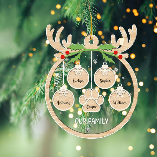 Personalized Family Christmas Acrylic Ornament 2024 - Custom Name Charms Family Members up to 10 People and Pets, Paw Charm Ornament Gifts for Family Tree Decoration (A01, 3 Names)