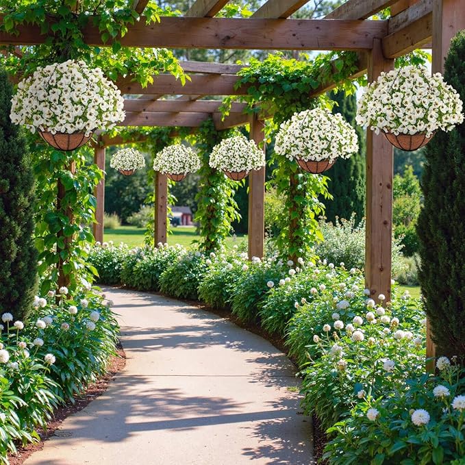 Artificial Hanging Flowers with Baskets for Outdoors, Fake Silk Pansy Flowers UV Resistant Faux Hanging Plants for Front Porch Patio Yard Home Spring Summer Decoration, White